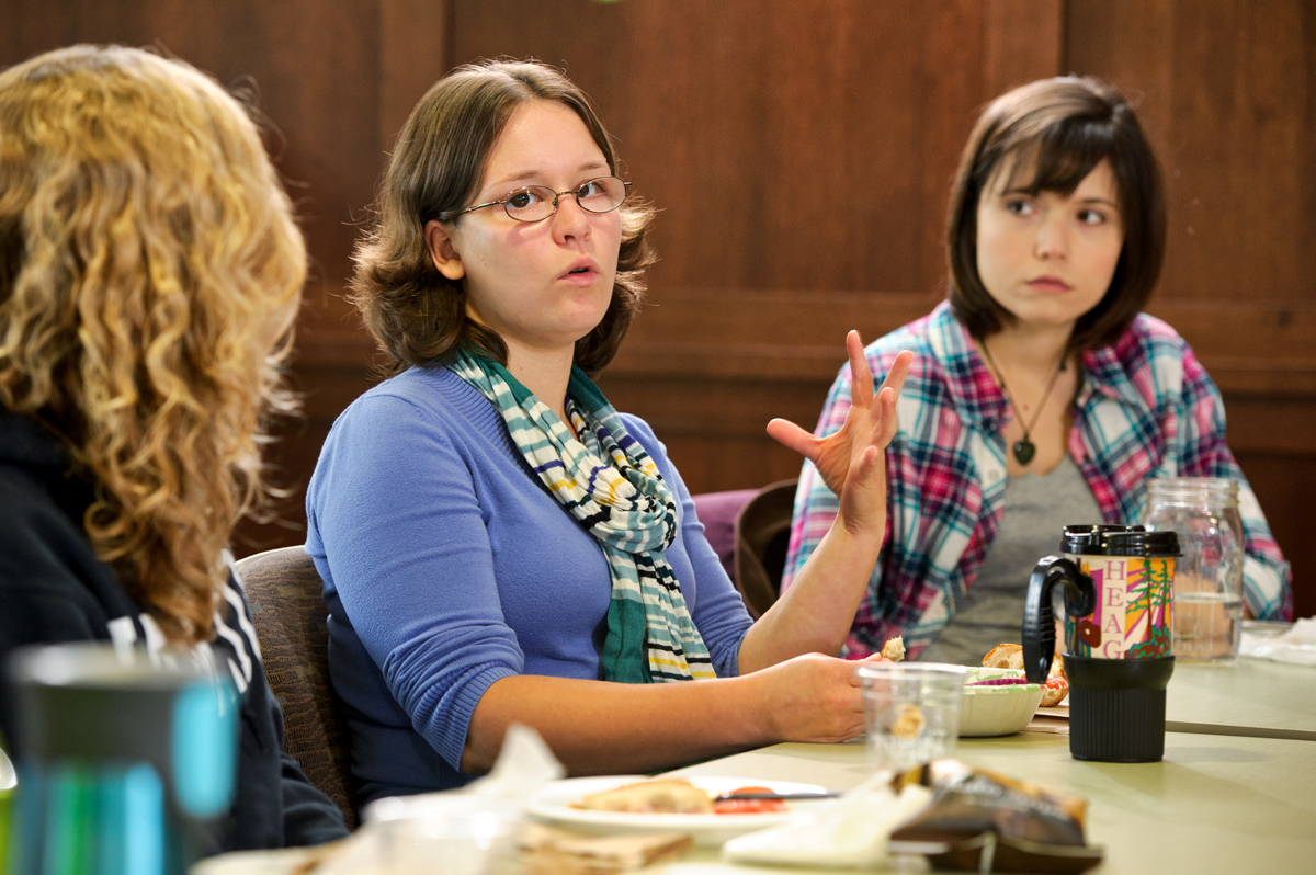 Jen Kleindienst '09 talks about her career with a group of students at Hamilton.
