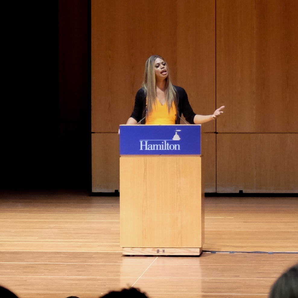 Laverne Cox speaks in Wellin Hall.