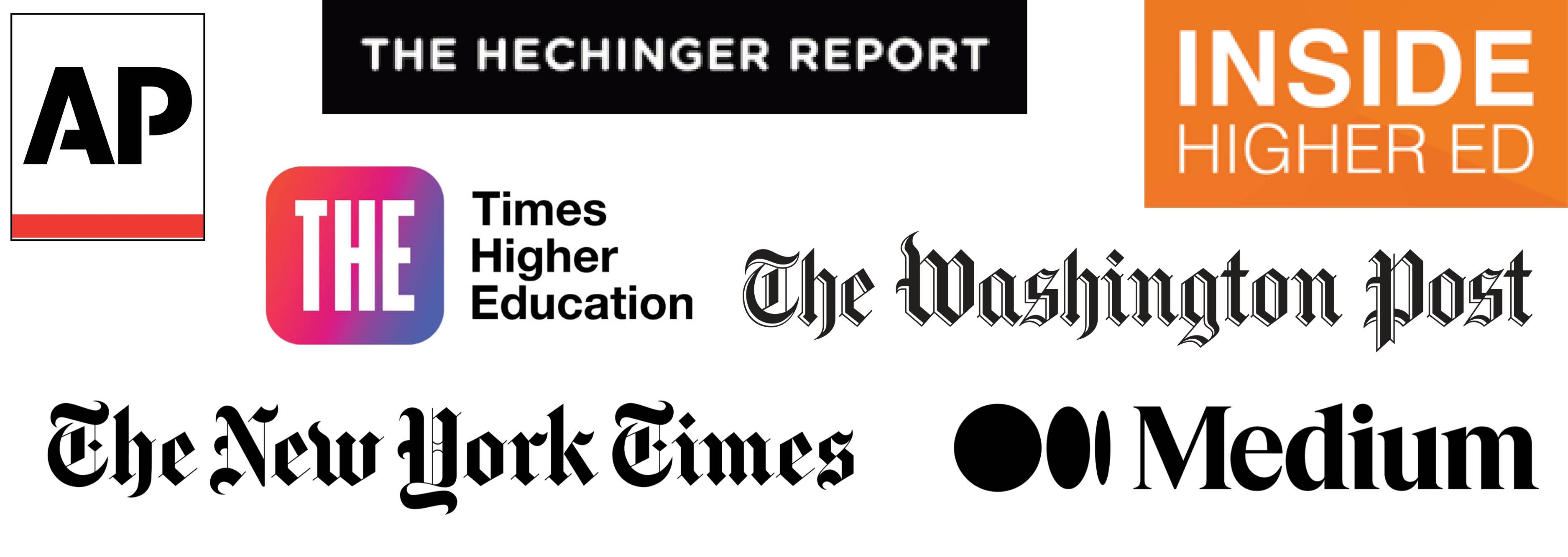 A collage of national media outlet logos, including AP, The Hechinger Report, Inside Higher Ed, Times Higher Education The Washington Post, The New York Times, and Medium