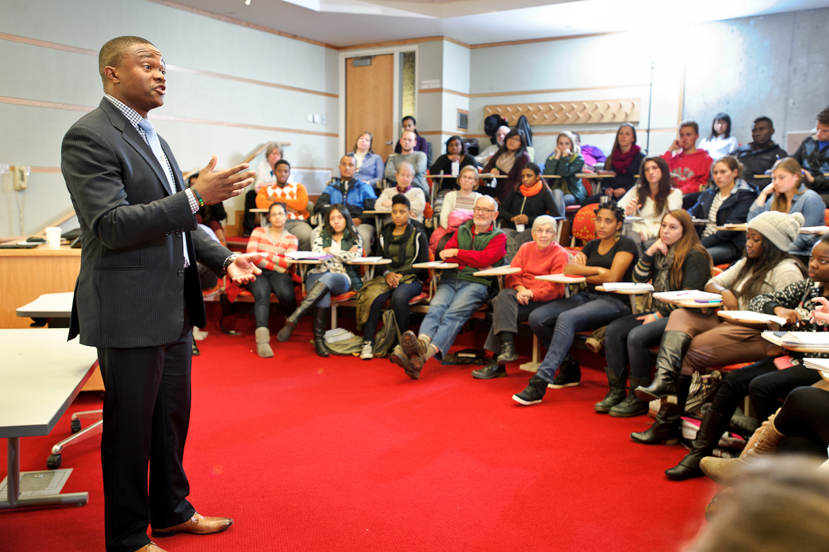 Luvuyo Mandela '09 speaks in the Red Pit about social entrepreneurship in South Africa.