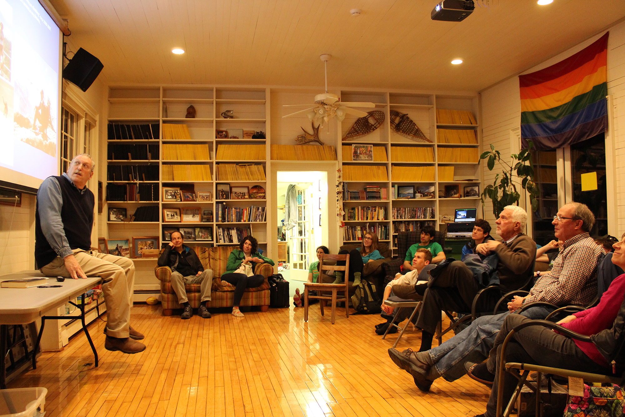 Maurice Isserman, left, talks about his new book <em>Continental Divide</em> in Glen House.