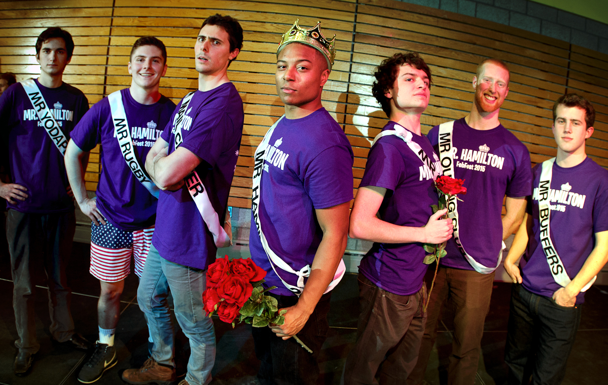 The king and his court after the annual Mr. Hamilton competition in the Annex. From left John Kadlick '18, Chris Lovejoy '18, Jack Young '16, Lashawn Ware '17, Jason Fortunato '17, Zach Dix '15 and Carter Sanders '18.