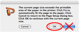 screenshot of dialog box indicating page size exceeds printable area
