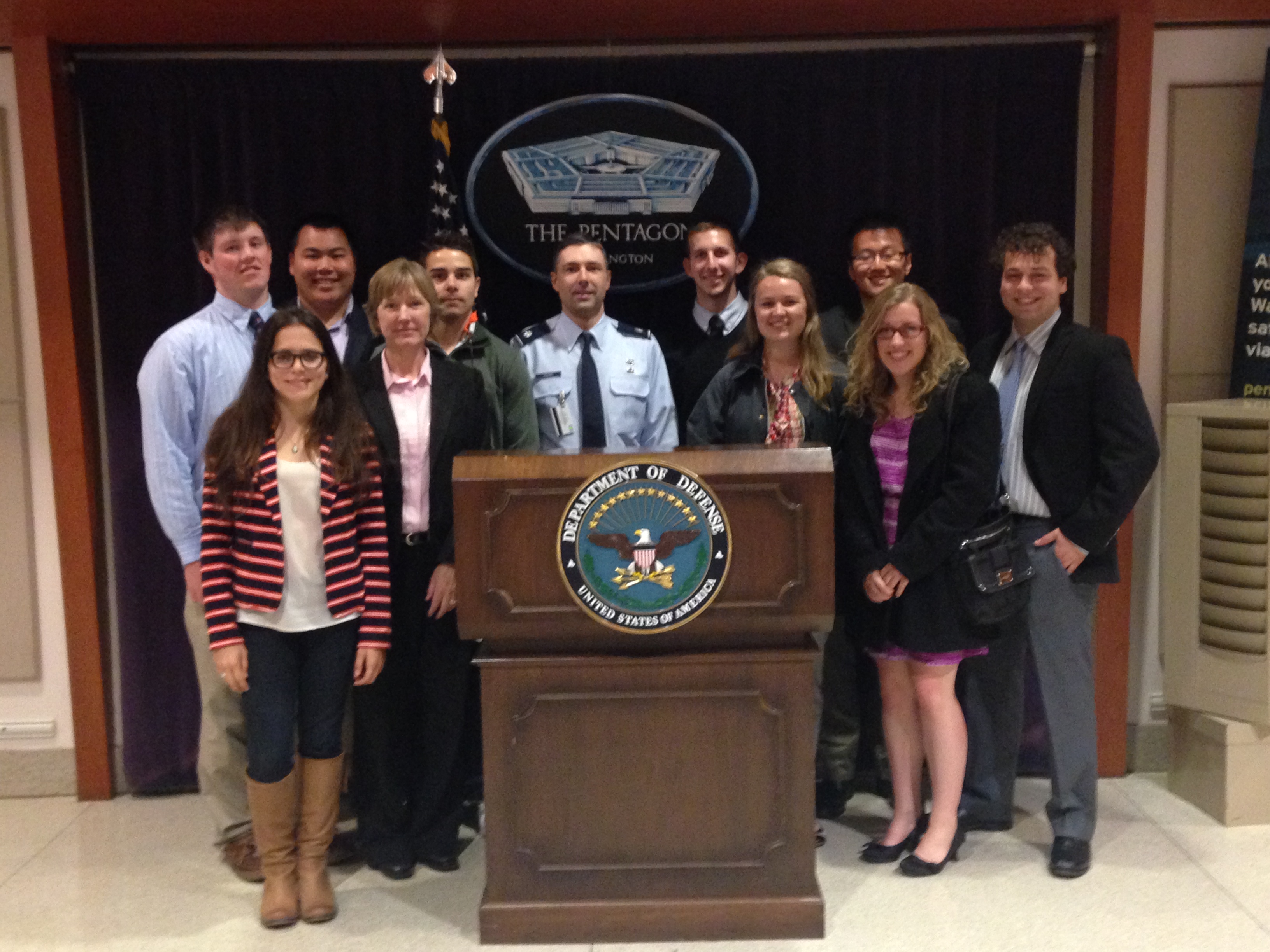 Program in Washington students at the Pentagon with Lt. Col. Eric Hannis '90, center, and professor Sharon Rivera.