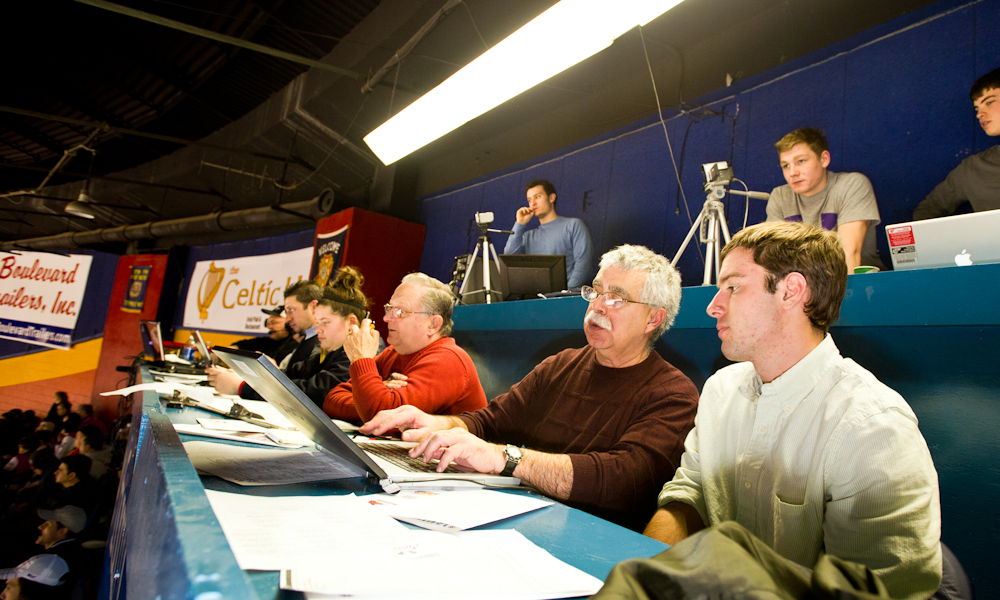 As part of his shadowing day Greg Scott '14 covered a hockey game with Utica <em>Observer-Dispatch</em> reporter John Pitarresi '70