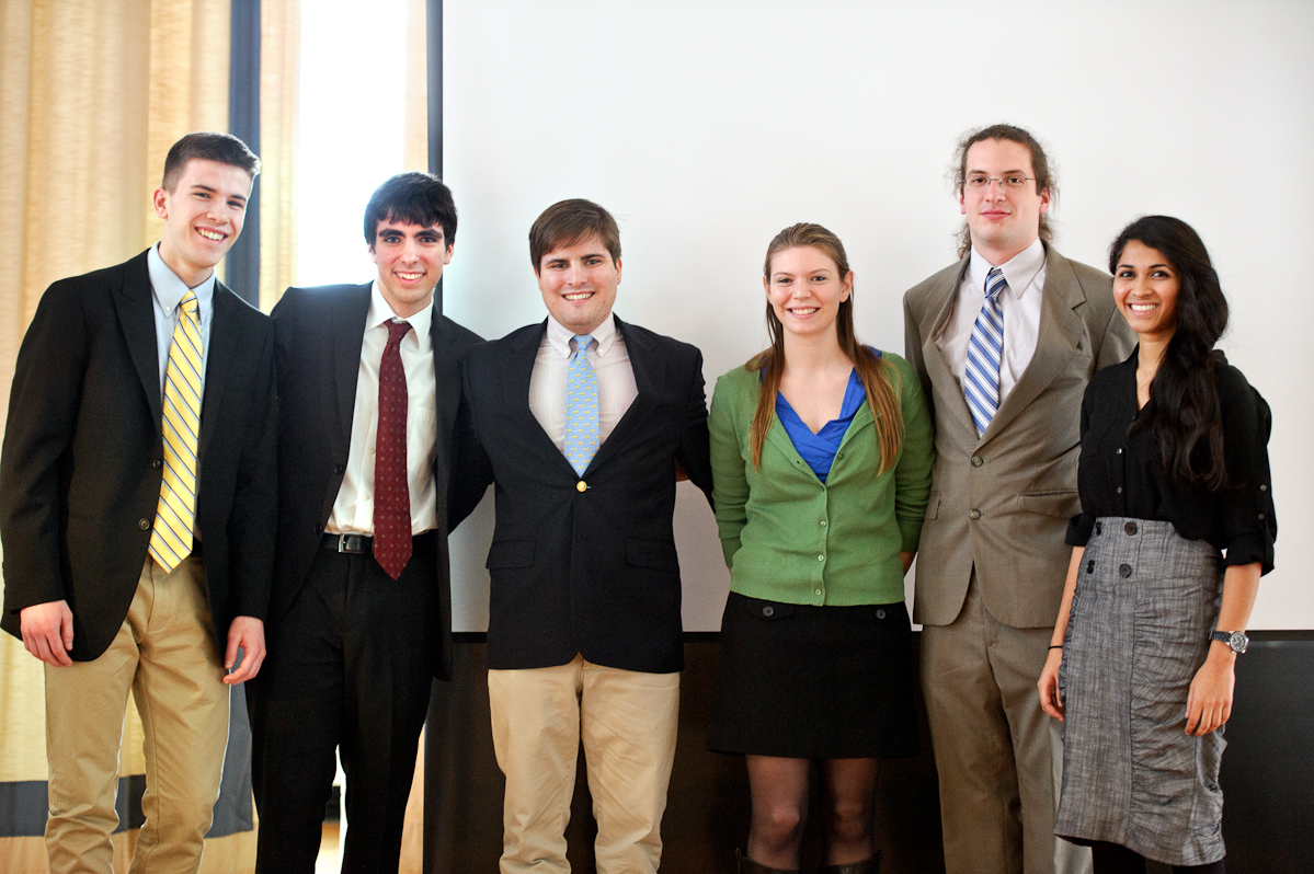 Public Speaking Competition winners Hunter Green '16, Jack Boyle '15, Daniel Lichtenauer '14, Mia Falzarano '13, Evan Van Tassell '13 and Sandhya Rao '15.