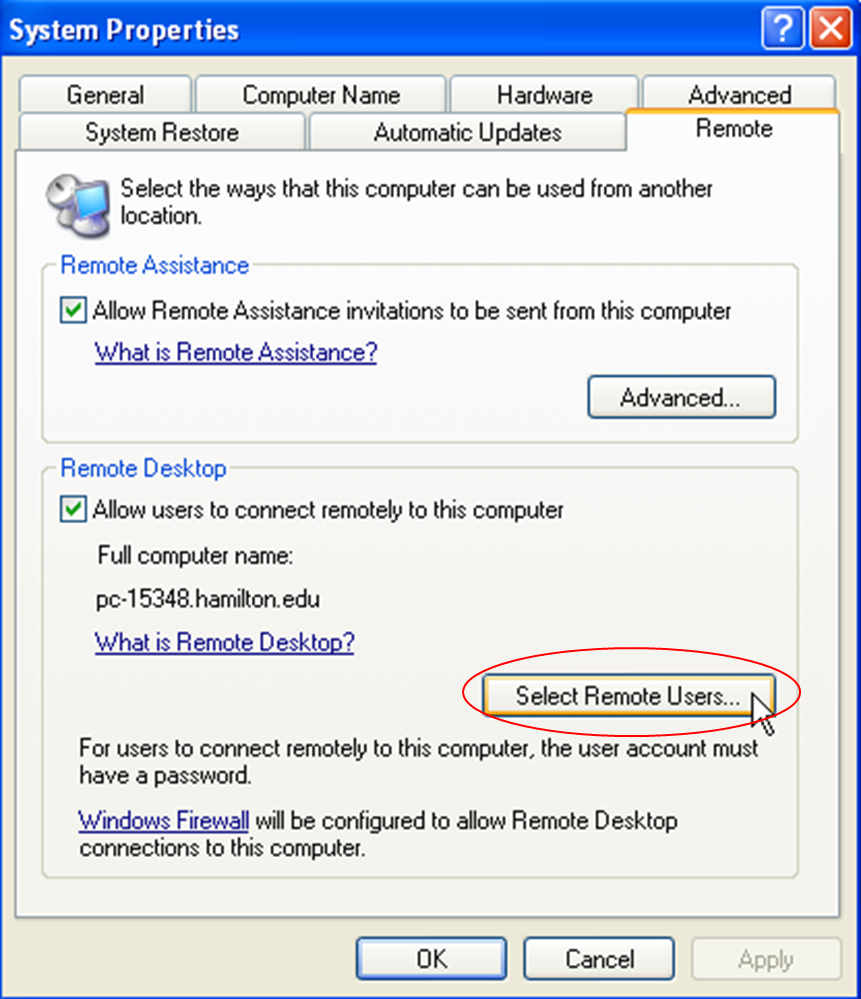Resource Center Using Remote Desktop in Windows XP Hamilton College