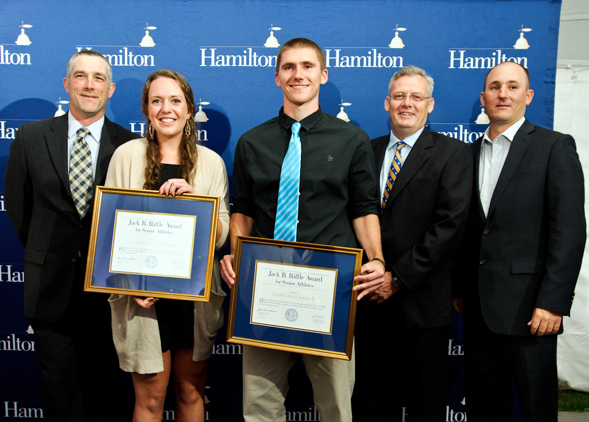 From left: Head Rowing Coach Rob Weber, Caroline Walton '15, Joe Jensen '15, Head Track & Field Coach Brett Hull and Head Baseball Coach Tim Byrnes.