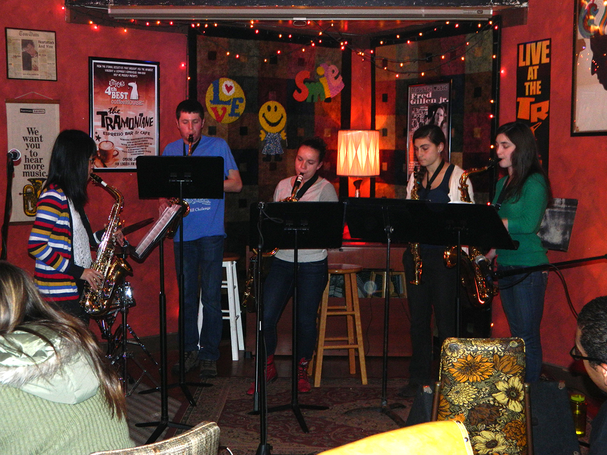 The Hamilton College Saxophone Ensemble performing at the Tramonte.