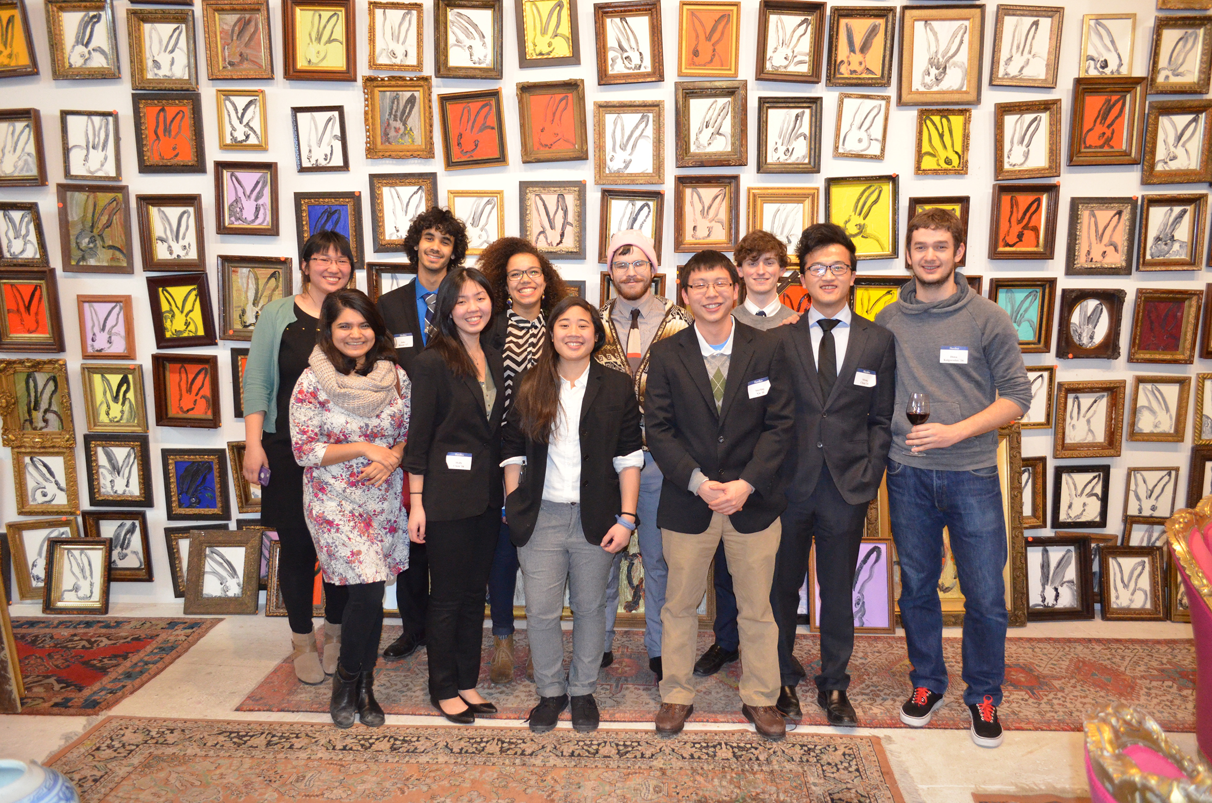 At the studio of Hunt Slonem. Front: Sarah Rahman, Holly Chen, Merisa Dion, Sterling Xie. Back: Jessica Tang, Jake Blount, Aleta Brown, Chip Sinton, Connor Obrien, Tony Chen, and Dima Kiagorodov.