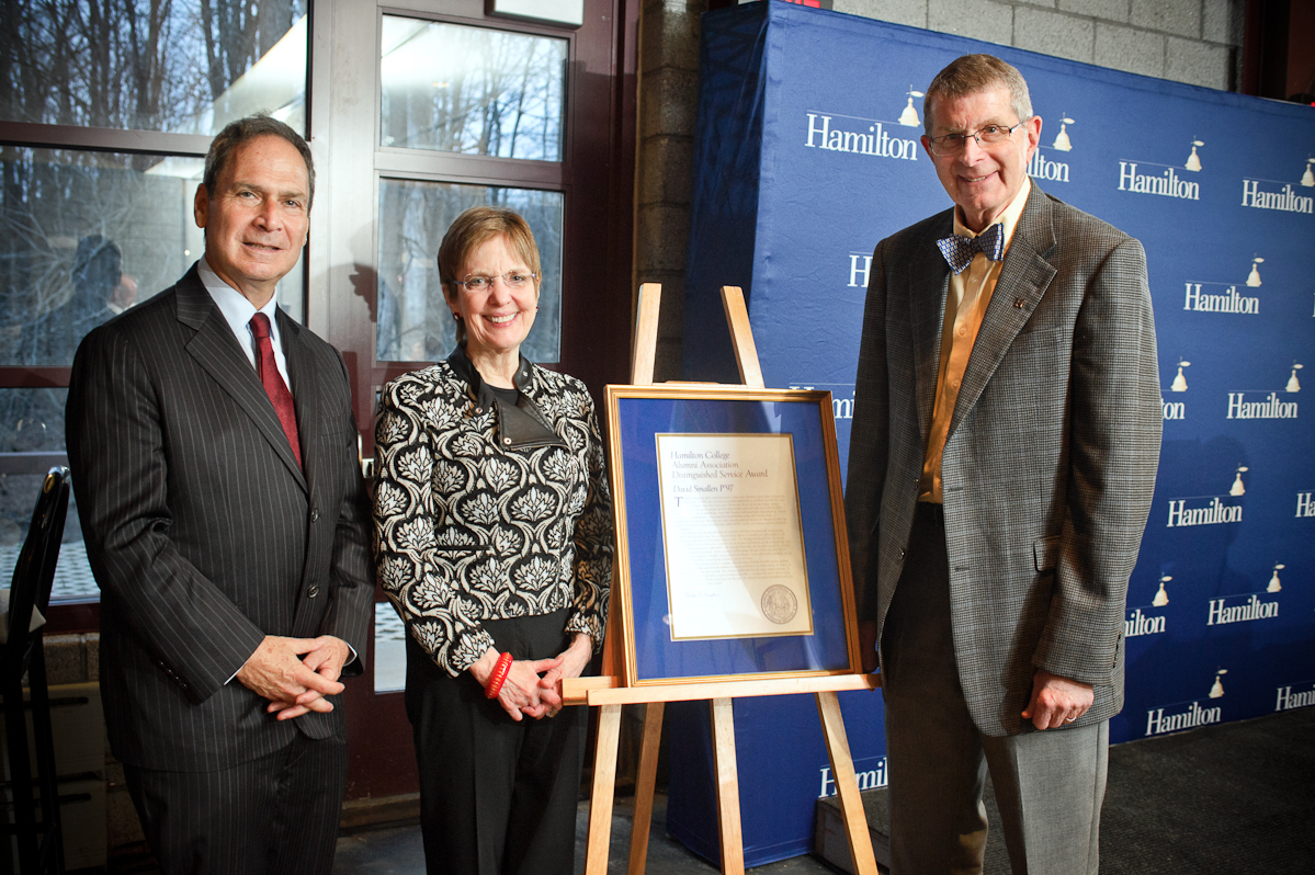 Dave Smallen, P'97, right, with Alumni Association president Gordon Kaye '74 and Hamilton President Joan Hinde Stewart.