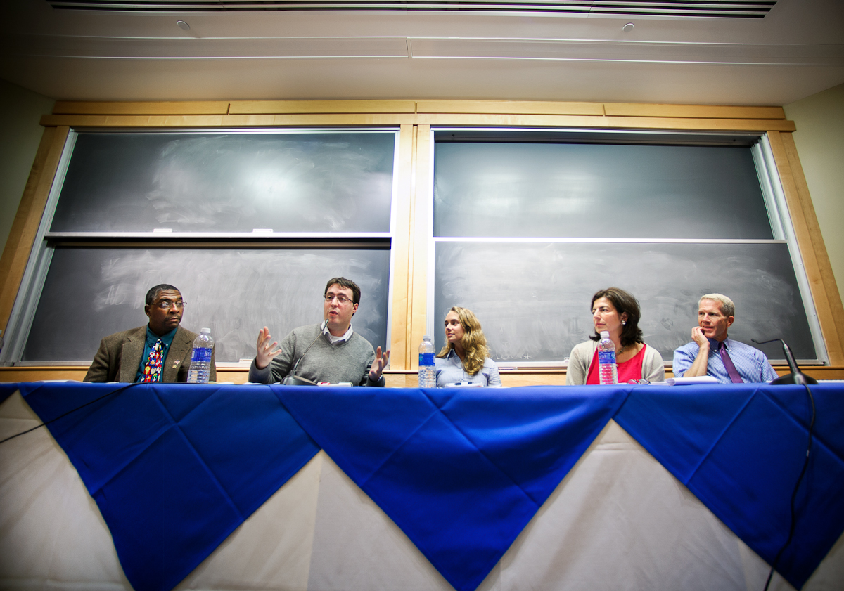 Alon Hillel-Tuch '07, second from left, speaks during the panel. Other panelists from left, Mark Montgomery, Haley Reimbold '06, Nancy Roob '87 and Steve Culbertson '79. 