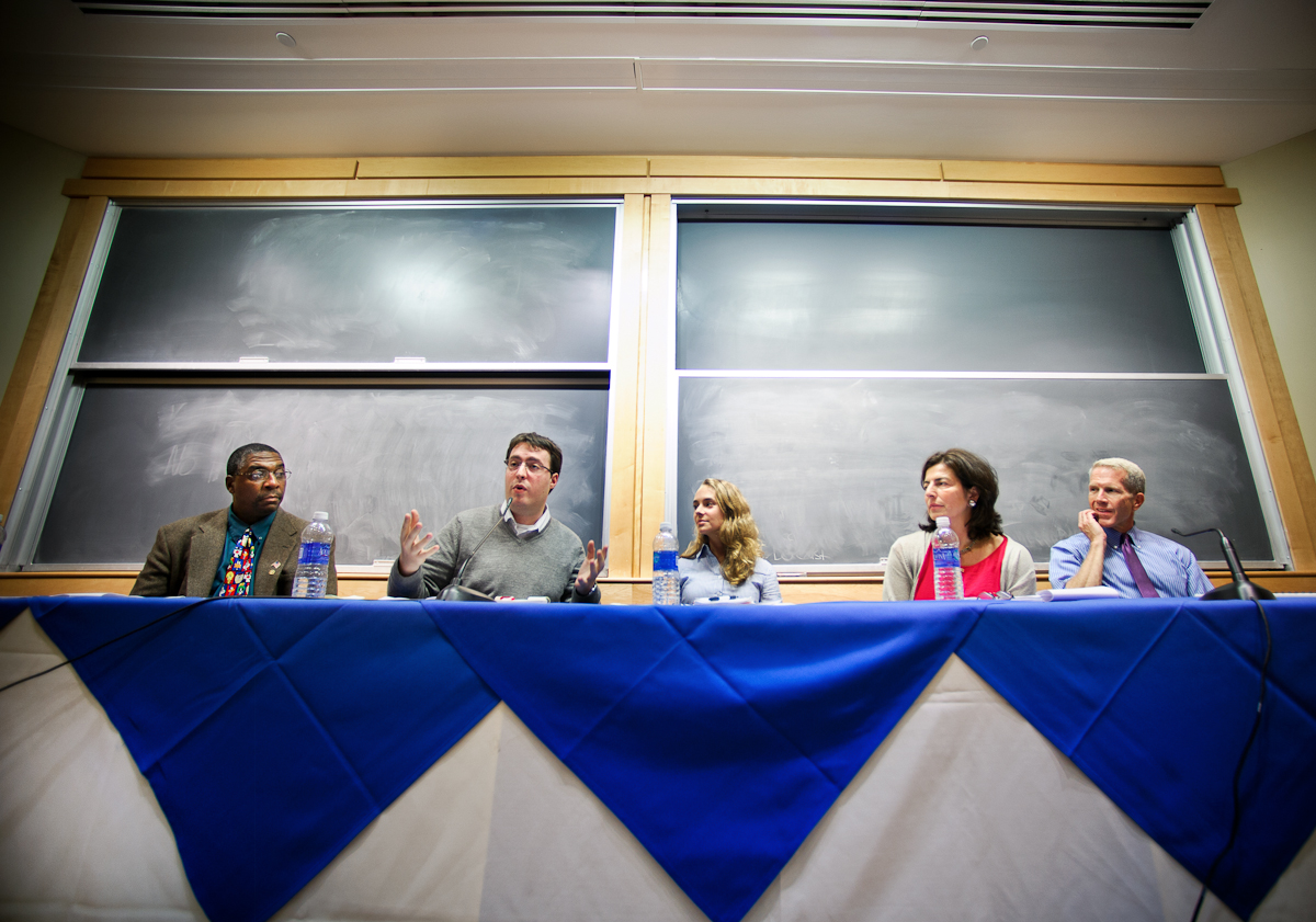 Alon Hillel-Tuch '07, second from left, speaks during the panel. Other panelists from left, Mark Montgomery, Haley Reimbold '06, Nancy Roob '87 and Steve Culbertson '79.