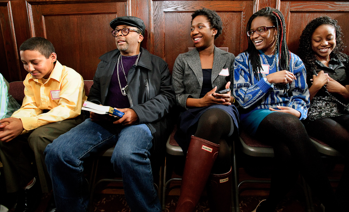 Spike Lee, second from left, visits with Hamilton students before his lecture.