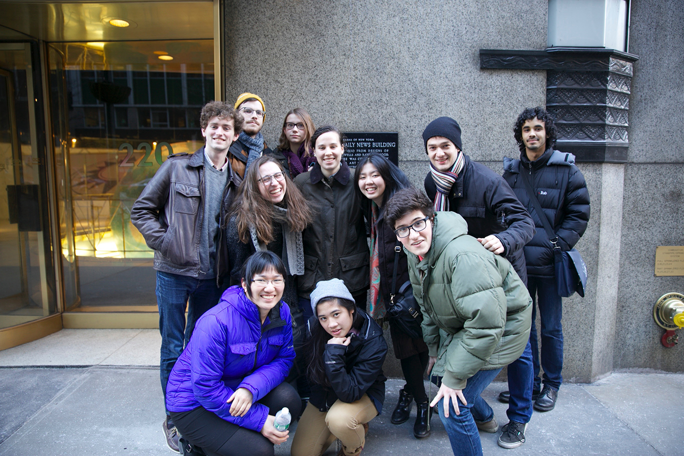 Hamilton students in front of the old Daily News building where Beanstalk offices are located.