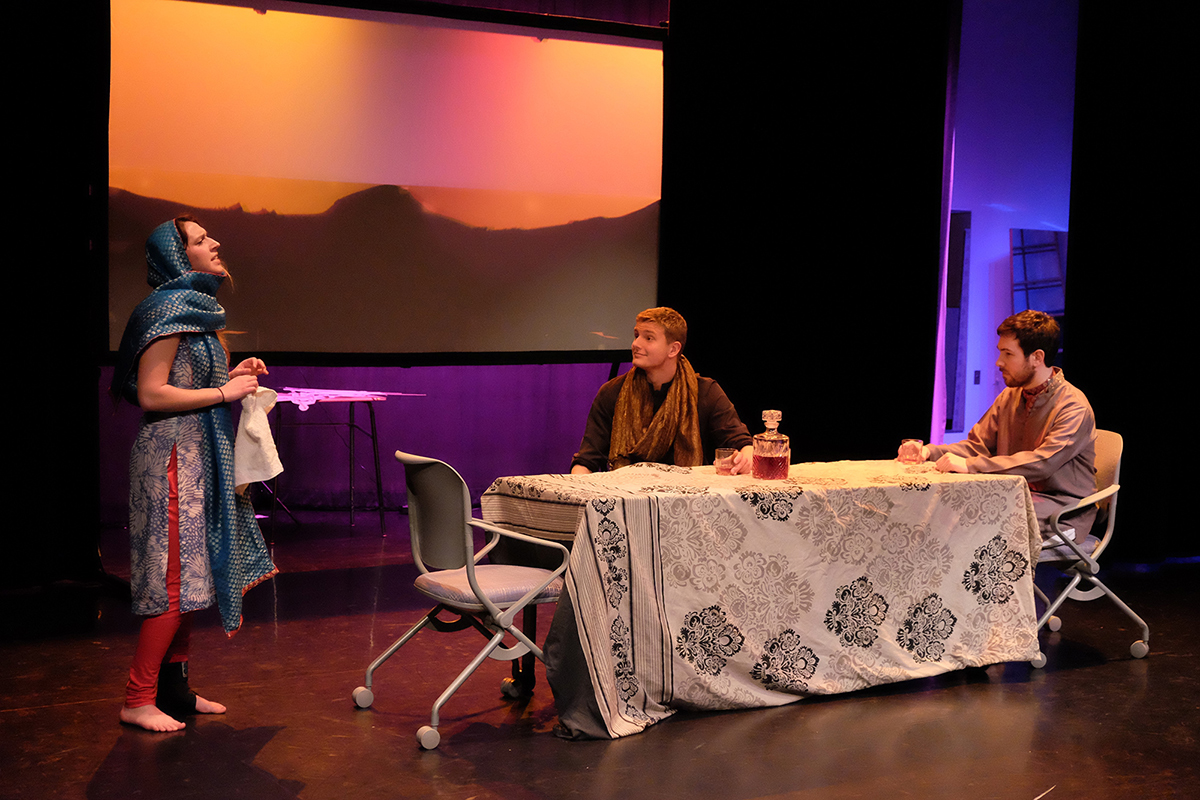 Mackenzie Bettman '18, Ryan Cassidy '17 and Michael Gagnon '16 perform in Moliere's <em>Tartuffe</em>.