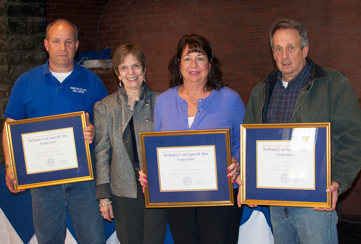 President Joan Hinde Stewart presented Tobin Awards to Rich Alexander, Patty Gogola and Jim Burns at the 2016 employee service recognition luncheon on May 16.