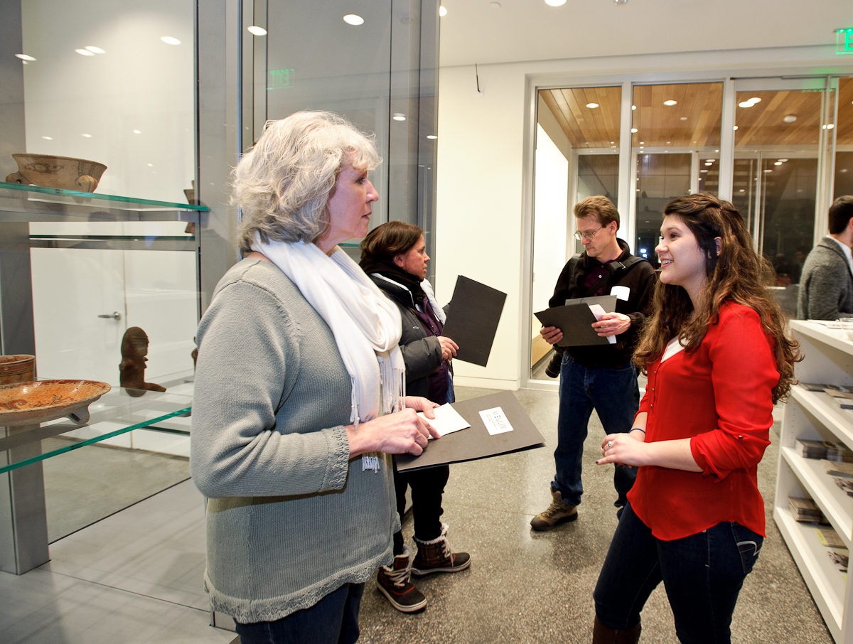 Student docent Ianna Recco '16, right, chats with teacher Sheila Nadeau during an educators event at the Wellin Museum.