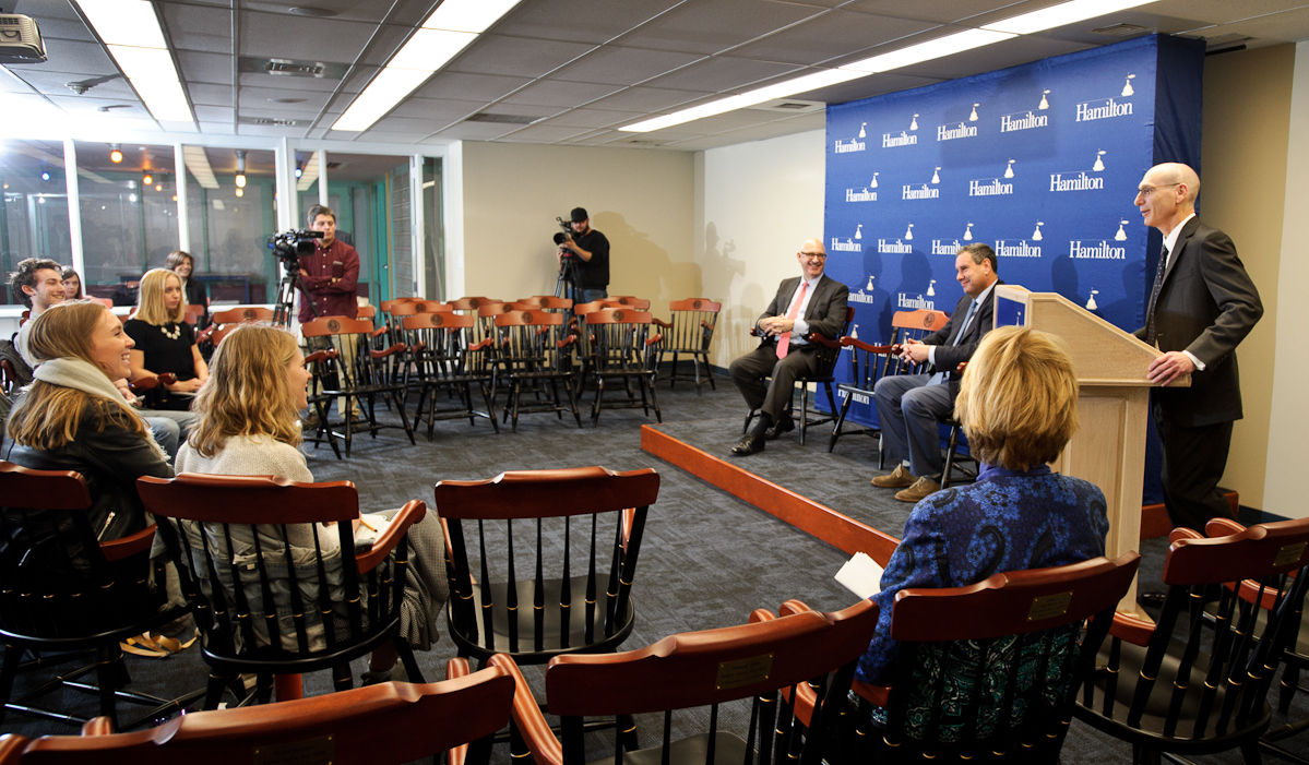 Hamilton's incoming president David Wippman, at podium, addresses local media at a press conference prior to his introduction to the Hamilton community on Dec. 11.