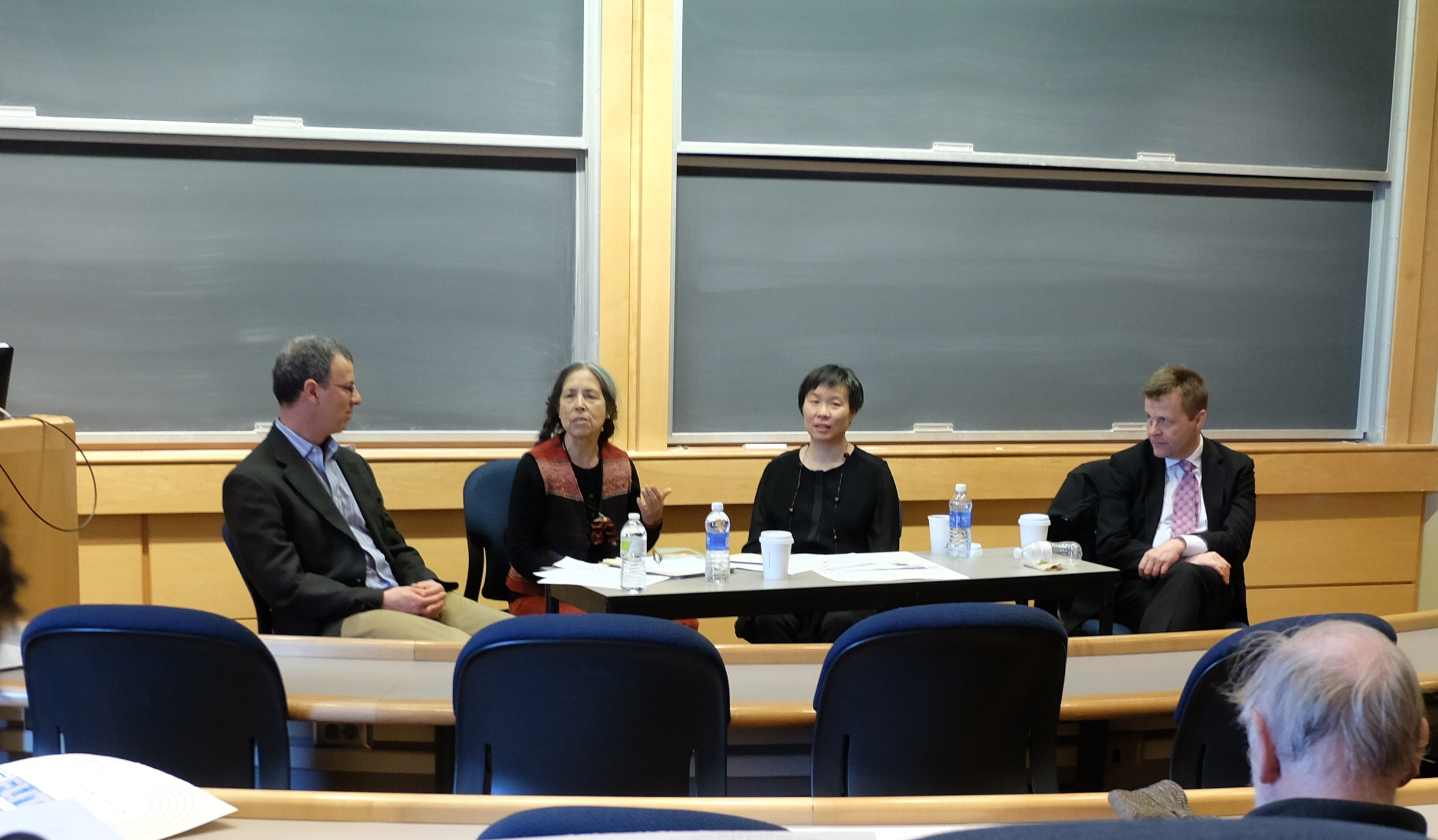 From left moderator Visiting Assistant Professor of English and Creative Writing Benj Widiss and International Festival Writers Cecilia Vicuña, Larissa Lai and Christian Bök.